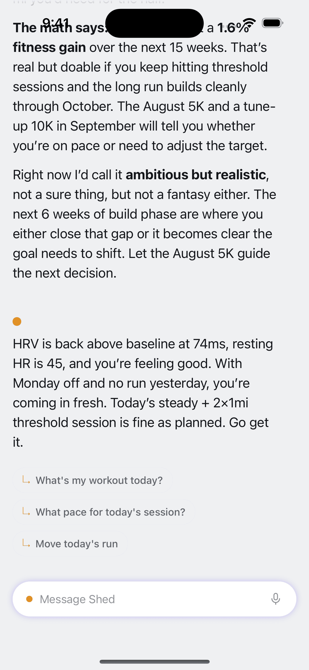 Shed reading the morning out loud: HRV back above baseline, resting heart rate 45, today’s threshold session confirmed as planned