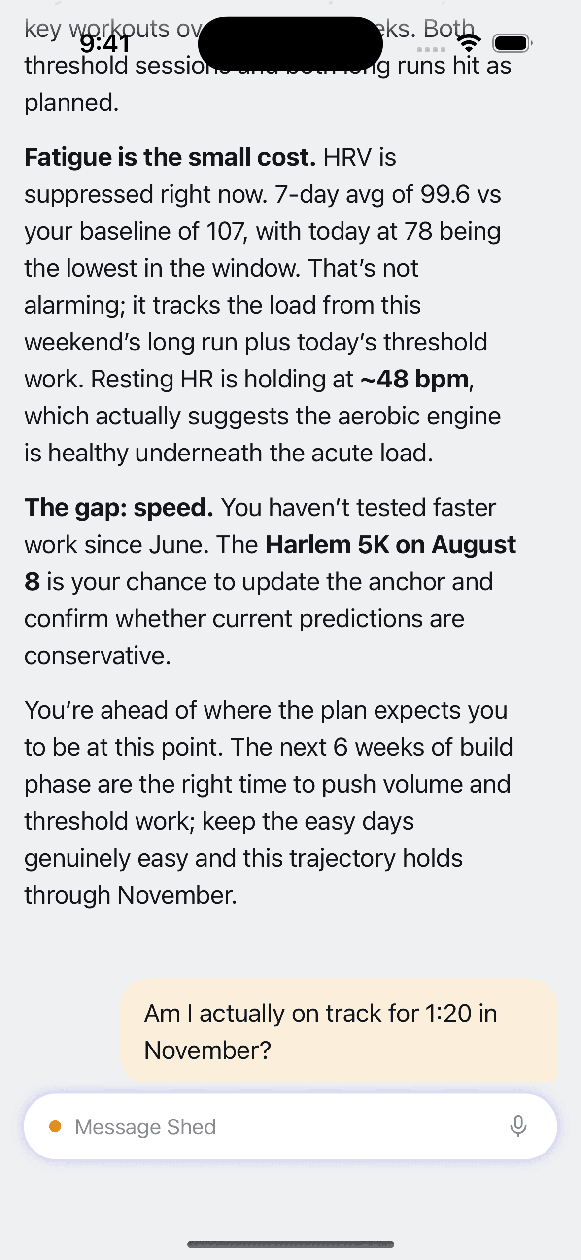 Shed answering a question about training trend with the runner's own fitness, volume and adherence numbers