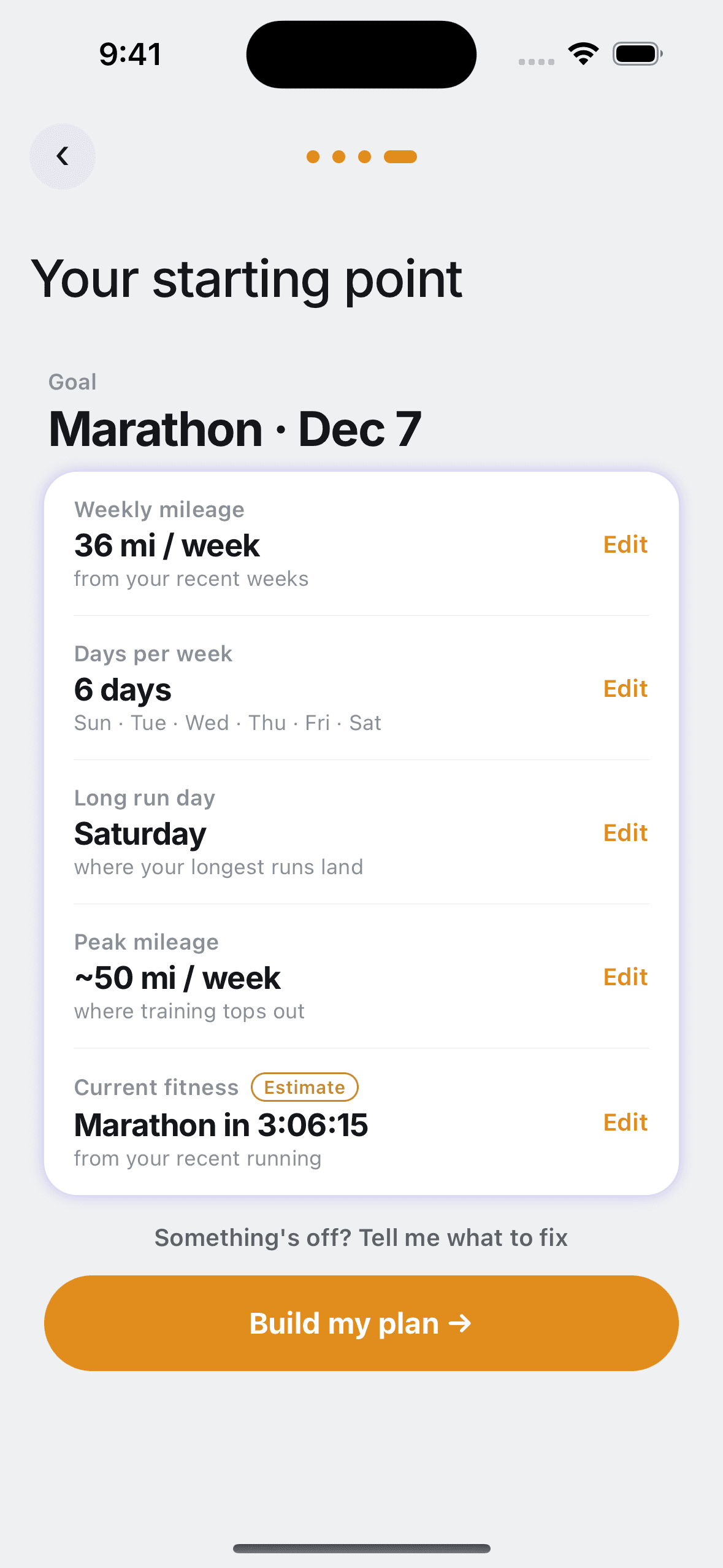 Shed's onboarding showing the weekly mileage, running days and current fitness it read from the runs already on the phone, each one editable